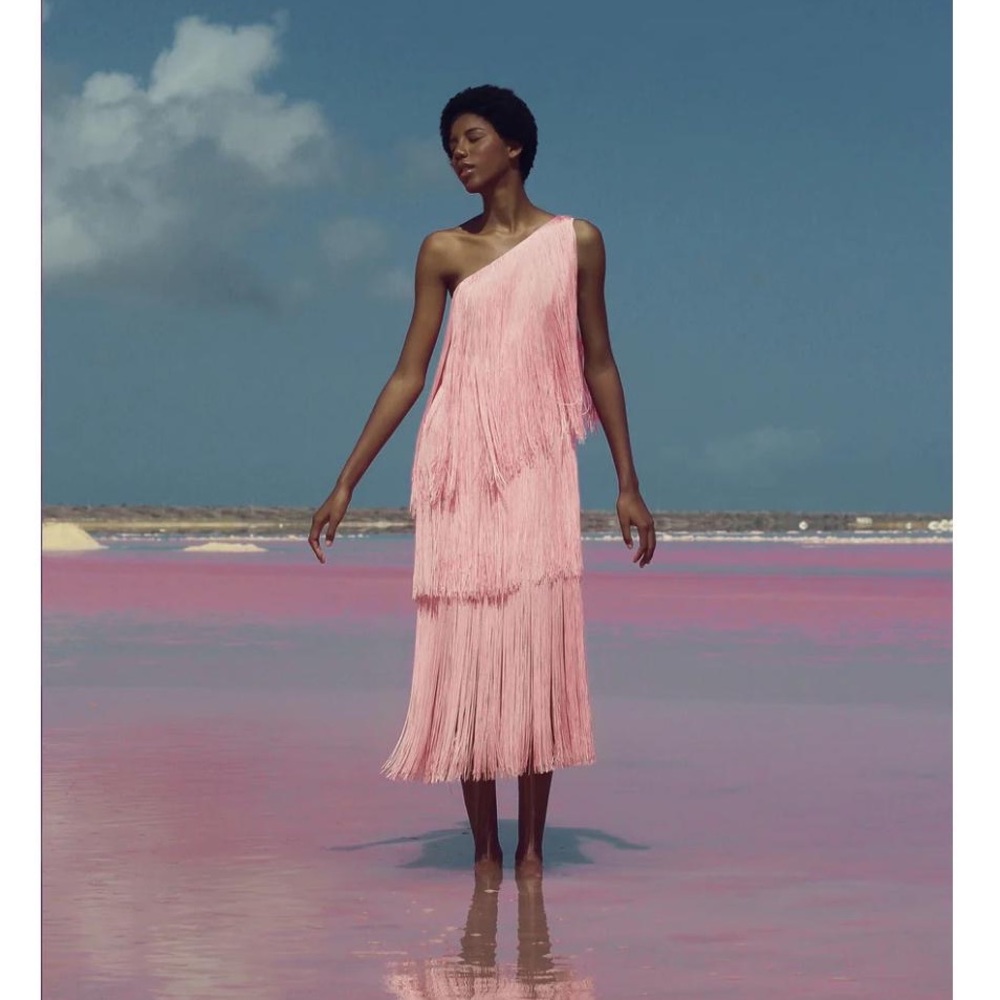 NEW CASCADA DRESS - ONE SHOULDER FRINGES DRESS - PASTEL PINK